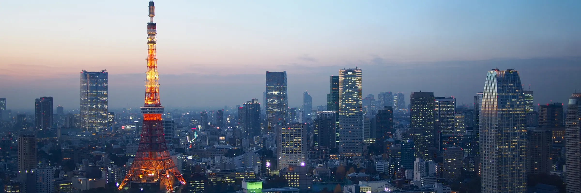 東京:ブルーアワーの高層ビル群と東京タワー