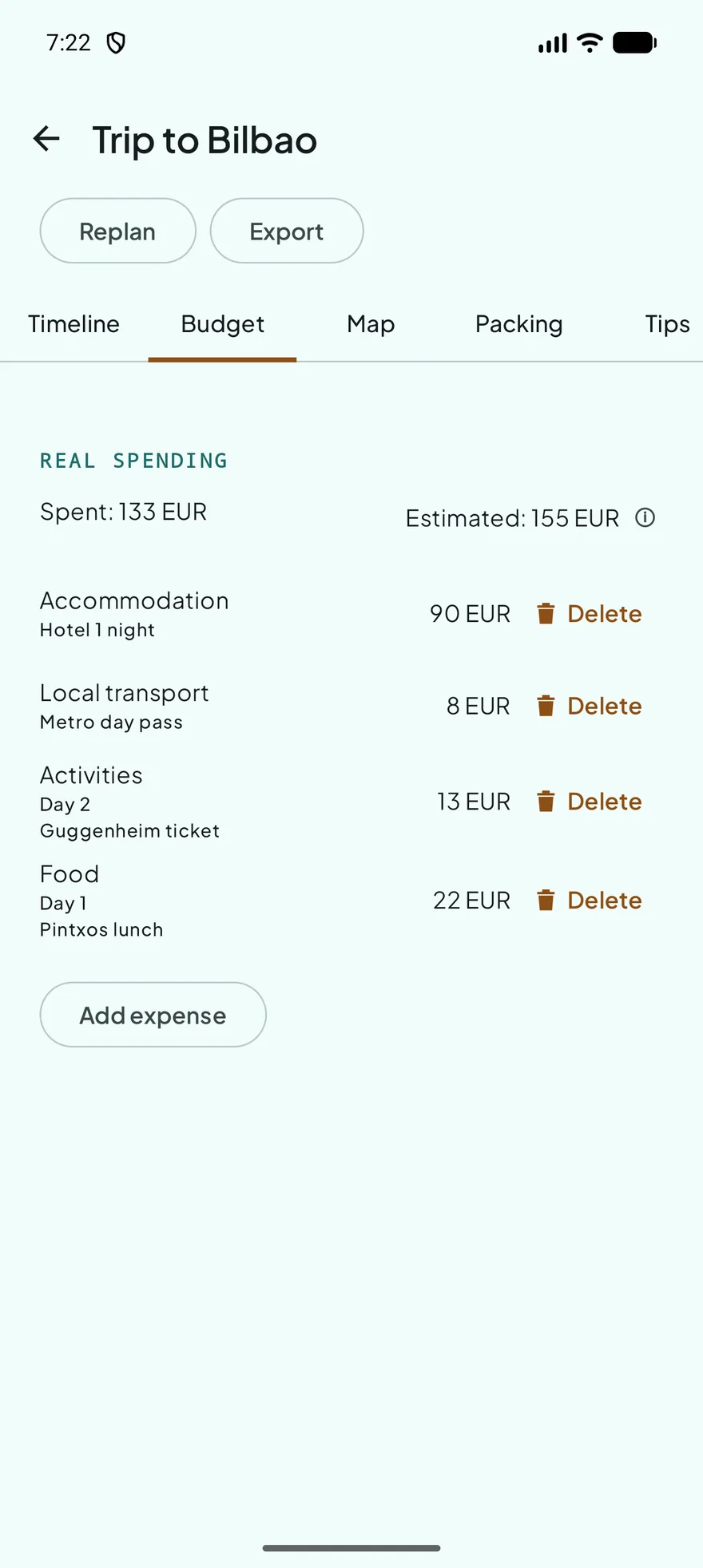 Budget-Ansicht mit den tatsächlichen Ausgaben im Vergleich zum geschätzten Gesamtbetrag.