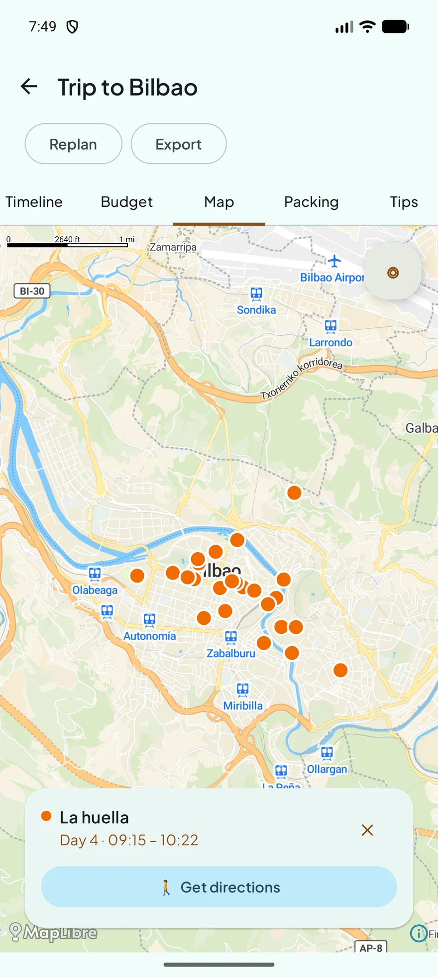 Interaktive Karte von Bilbao mit den Stationen des Tages als Nadeln markiert.